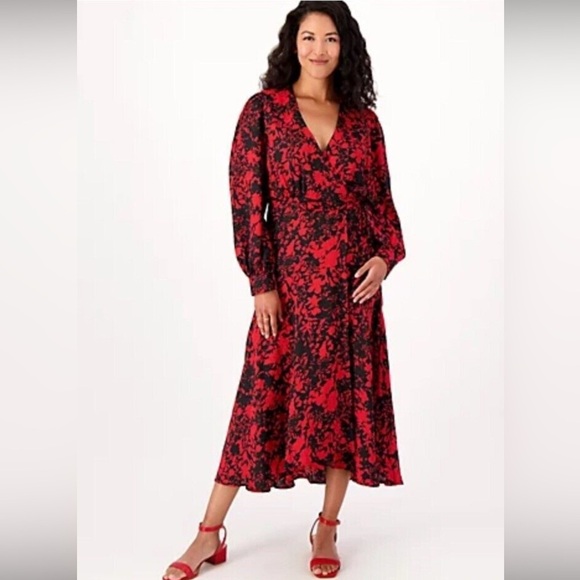 Susan Graver Occasions Reg Printed Woven Jacquard Wrap Dress in Dark Red - 2X - Picture 1 of 6